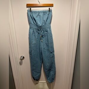 A Hint of Blush denim strapless jumpsuit